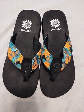 Yellow Box Tropical Floral Strap Black Flip Flops